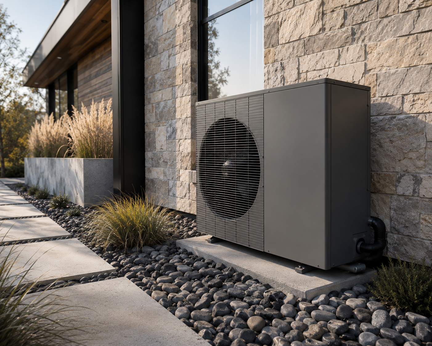 a clean, modern outdoor cold climate heat pump unit installed beautifully next to a luxury home with clean landscaping in naramata